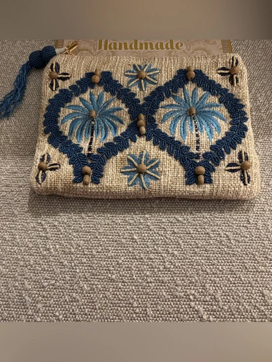 Handmade Beige Cosmetic Clutch with Blue Embroidery
