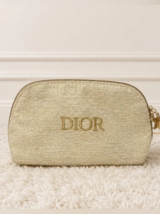 Dior Especial Edition Metallic Gold Embroidered Logo Cosmetic Pouch