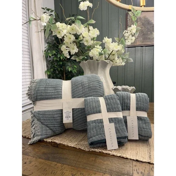 RARE BUNDE Casaluna Queen Chambray Coverlet + 2 Euro Shams Dark Teal Blue $197