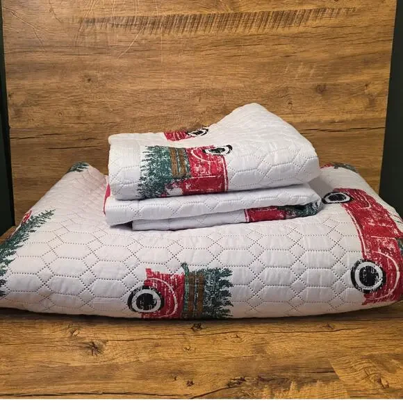 Modern Southern Home Christmas Red truck Tree Quilted Comforter 2 shams