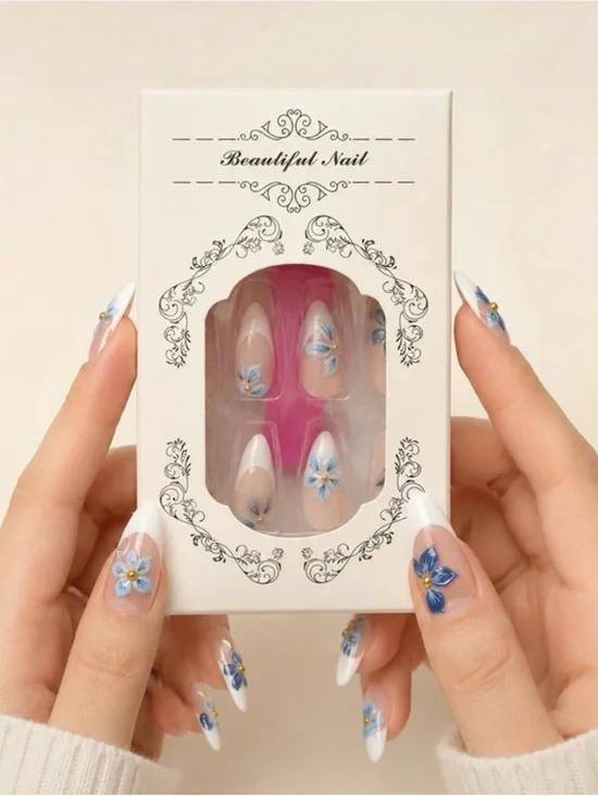 Blue Floral French Press-On Nails - Beautiful Nail