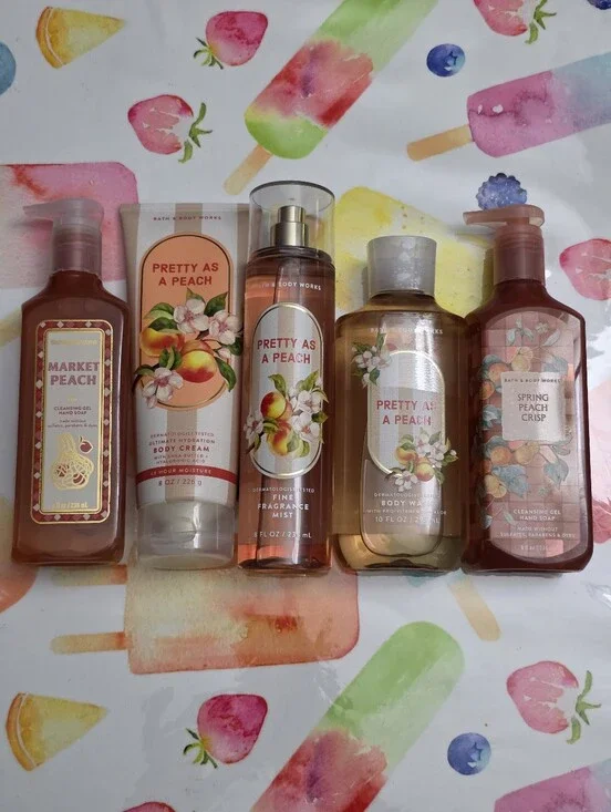 Bath & Body Works Peach 5 Piece Shower & Fragrance Collection Set New RARE