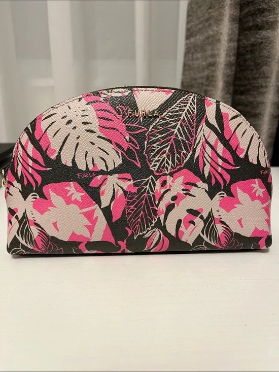 Furla Black & Pink Tropical Leaf Cosmetic, Makeup Pouch
