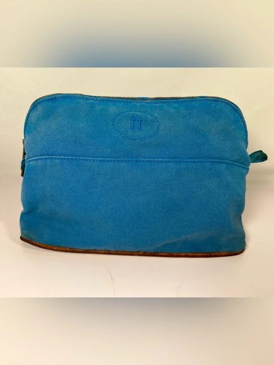 Hermès Bolide Canvas Cosmetic Pouch Blue GM Toiletry Case