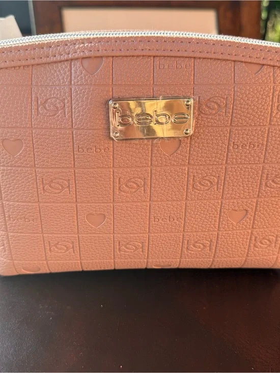bebe Pink Embossed Cosmetic Pouch with Gold Plaque