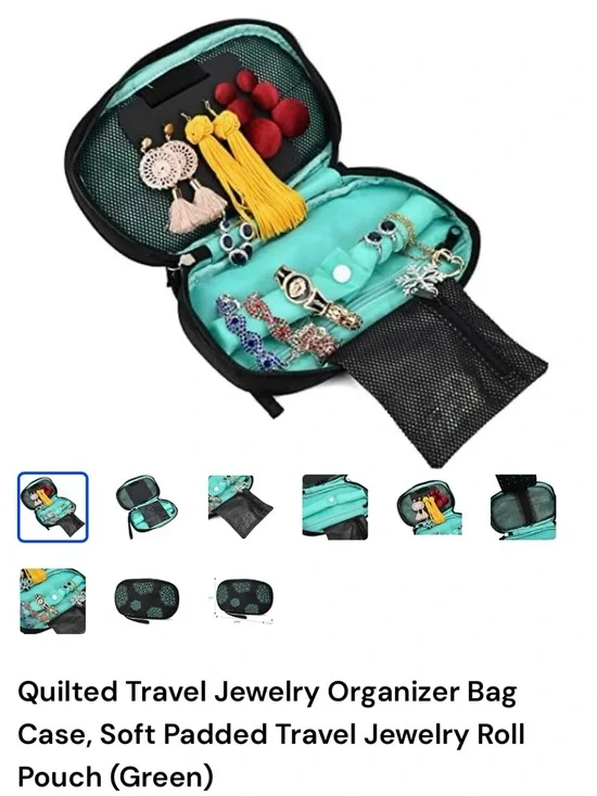 Quilted Travel Jewelry Organizer Bag in Turquoise Green
