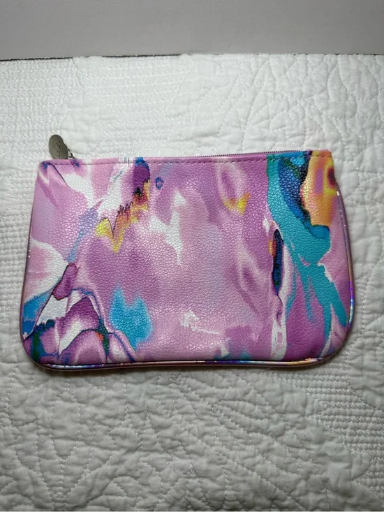 ipsy Pink Marble Cosmetic Pouch with Blue & Yellow Accents