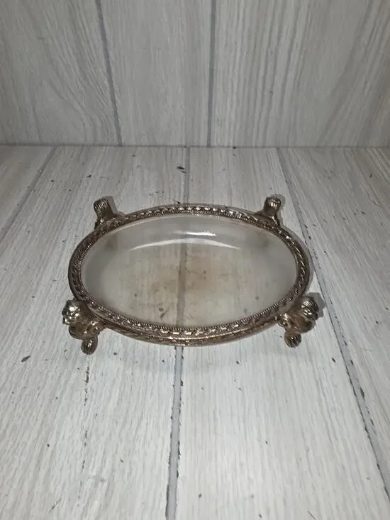 Antique Brass/Glass Owl Footed Vanity Dish Trinket Bowl Soap Brass Victorian