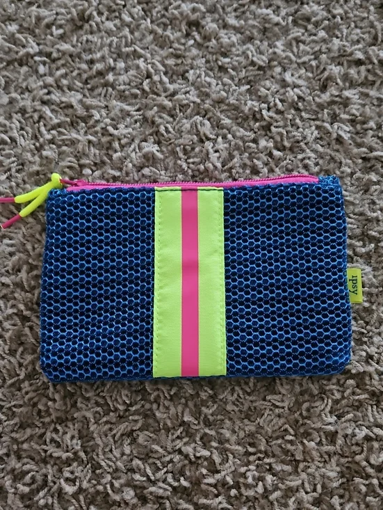 ipsy Blue Mesh Cosmetic Pouch with Neon Pink and Yellow Stripe