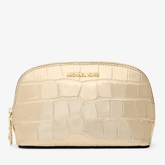 Michael Kors Empire Small Metallic Crocodile Embossed Leather Travel Pouch Pale
