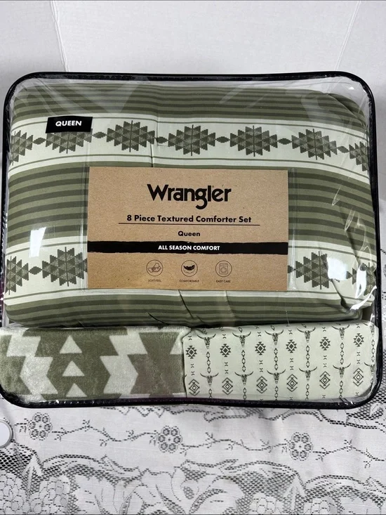 Wrangler Queen Size 8 Piece Comforter Set Green Desert Mirage Steer Head Stripe