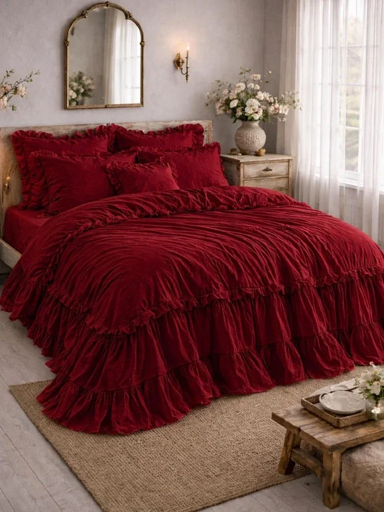 Elegant Ruffled Velvet Comforter Set in Deep Red