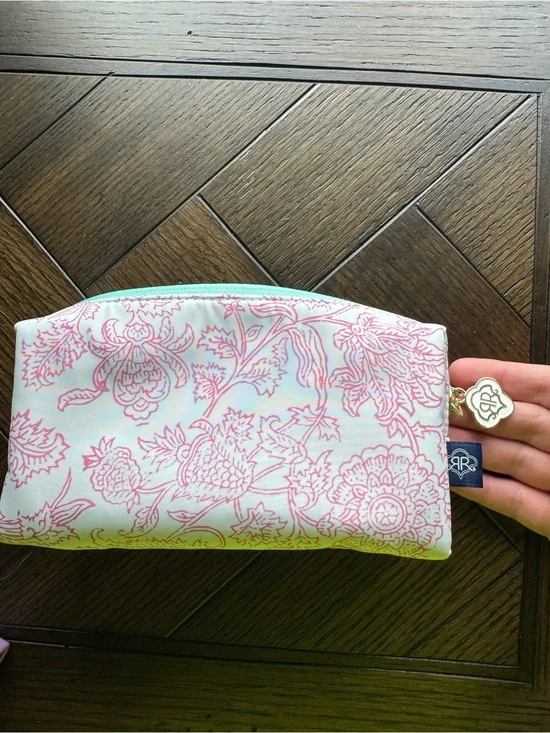 ROLLER RABBIT Pink Floral Cosmetic Pouch with Mint Zipper
