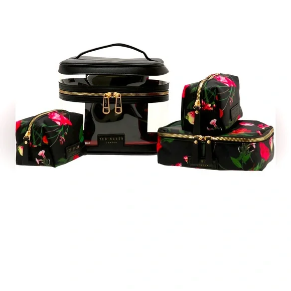 Ted Baker Black and Red Floral Cosmetic Bag Set  Ted Baker 4-Piece Train Case