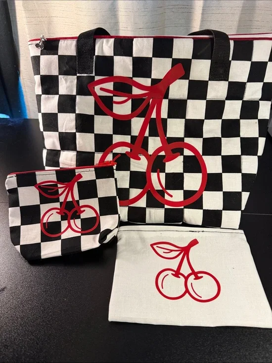 Checkerboard Cherry Tote and Pouches - Black, White & Red