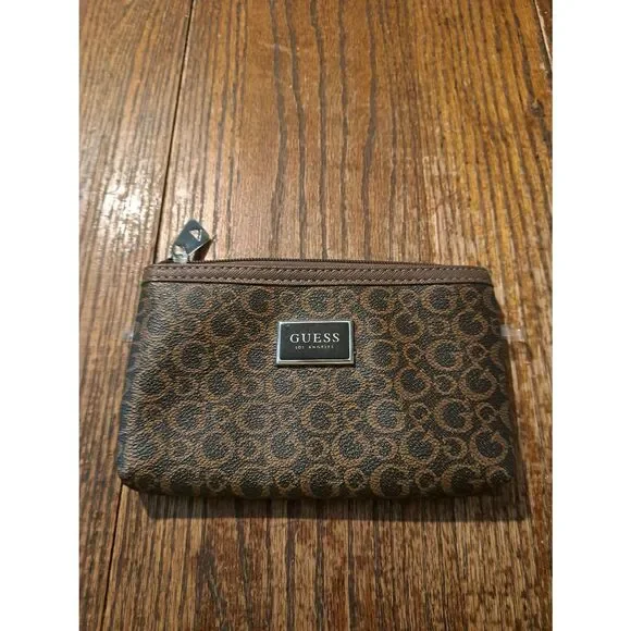 Guess Brown Zipper Clutch Wallet Makeup Bag PVC Polyester Lining Travel Pouch