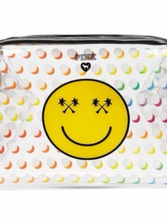 PINK Victoria's Secret Clear Cosmetic Bag with Yellow Smiley & Rainbow Dots