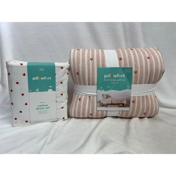 TWIN Heart Striped Kids' Quilt Set AND Heart Cotton Sheet Set NEW!