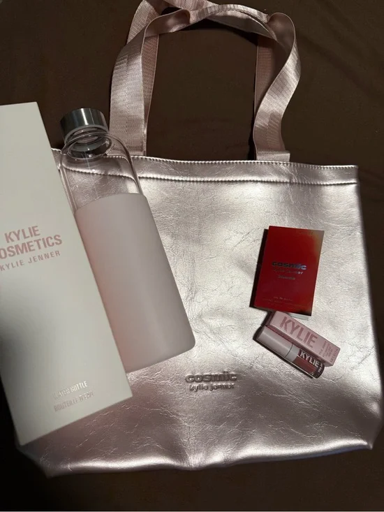 Kylie Cosmetics Metallic Pink Tote with Lipstick & glass water bottle