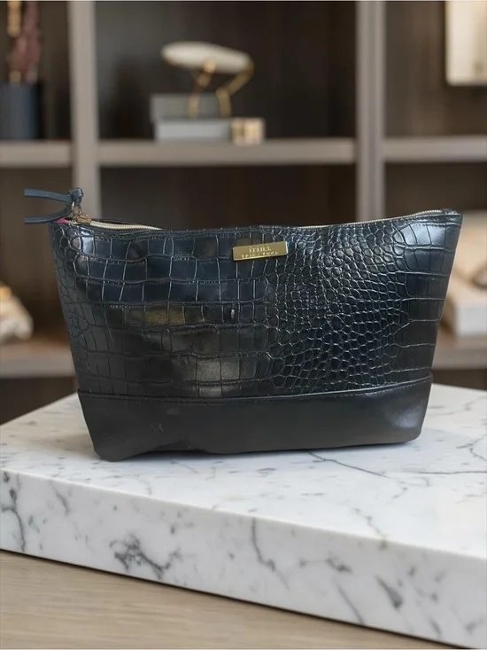 Trina Turk Black Crocodile Embossed Cosmetic Makeup Bag Travel Toiletry Pouch