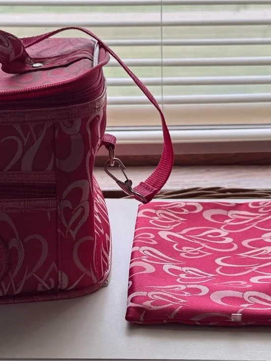 Pink Patterned Cosmetic Train Case with Matching Pouch - Pink