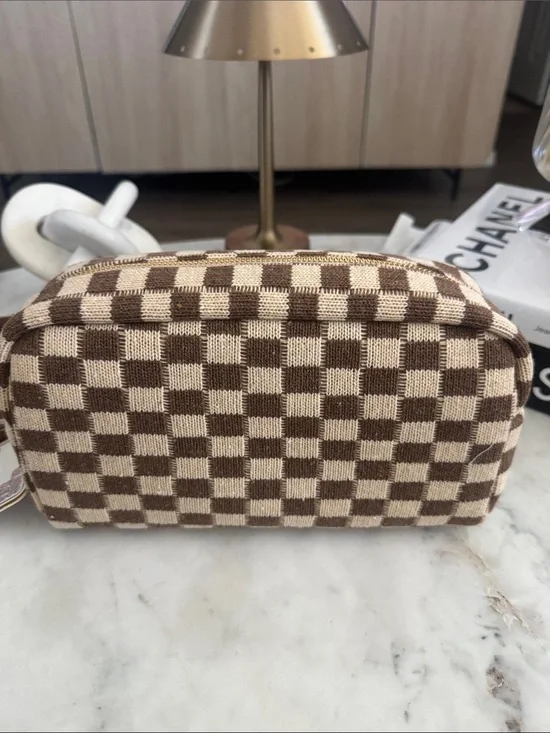 Brown Checkered Women’s Cosmetic Pouch - Unbranded