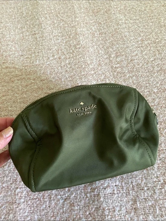 kate spade olive green nylon cosmetic pouch with gold logo