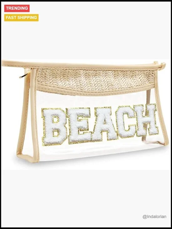 Hand-woven Rattan Straw Clear Cosmetic Bag with Chenille Letter Patch