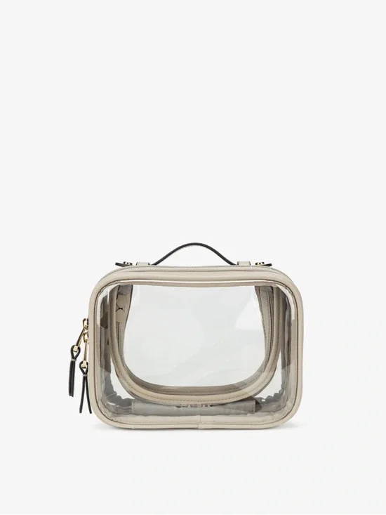 Calpak Clear Cosmetic Case with Beige Trim and Black Handle