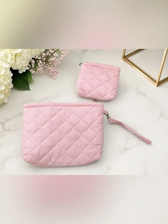 2PC Pink Quilted Cosmetic Bag & Coin Pouch Set Wristlet Travel Makeup Organizer
