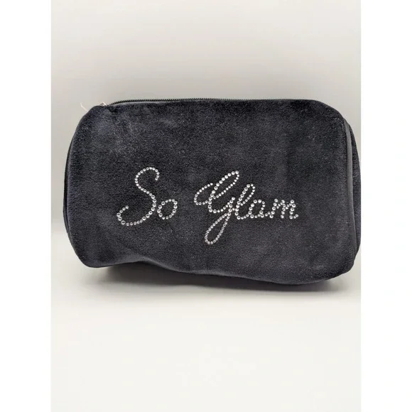 Vintage Bath Body Works So Glam Rhinestone Black Velvet Velour Cosmetic Bag Zip