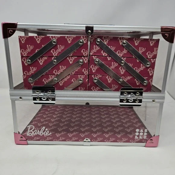 Caboodles x Barbie Clear Acrylic Makeup Train Case Cantilever Trays‎ Pink Logo