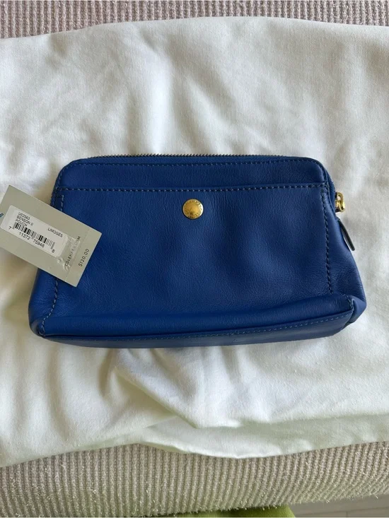 Cole Hann Blue Leather Women's Zip Clutch with Gold Button
