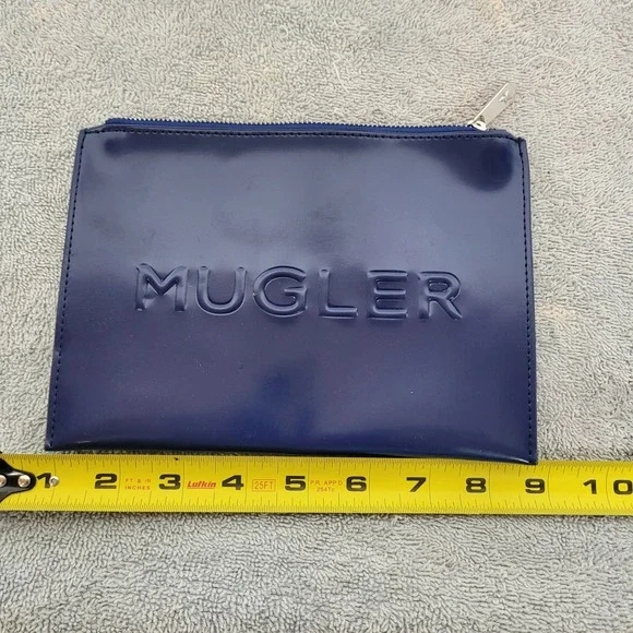 Mugler Parfums Navy Blue Patent Vinyl Cosmetic Pouch Bag Embossed Logo Star Pull