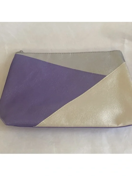 LANCOME Cosmetic Makeup Zip Top Gusseted Bag Purple Silver Ivory Color Block NIB
