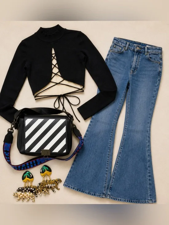Off-White Bag, ASTR Lace-Up Top, Flare Jeans & lunch at the ritz Earrings