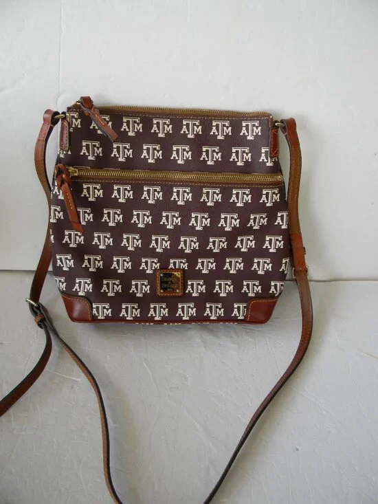 DOONEY & BOURKE TEXAS A&M AGGIES LOGO BROWN MEDIUM CROSSBODY LEATHER TRIM