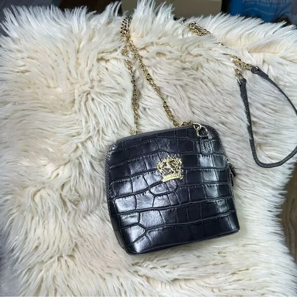 Peruzzi Firenze Black Croc Embossed Leather Crossbody Bag Gold Chain Italy