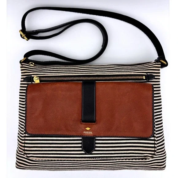 FOSSIL Striped Leather Crossbody Handbag Bag Black Brown‎ Gold Brass Prep Medium