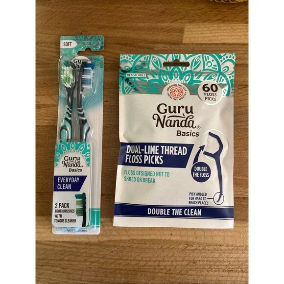 BUNDLE ONE 2 pack of GURU NADA TOOTHBRUSHES & 1 pack of GURU NADA DUAL LINED FLO