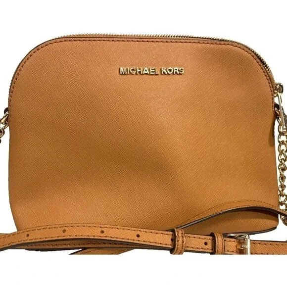 Michael Kors Small Dome Crossbody Bag Purse Tan Saffiano Leather Gold Tone Chain