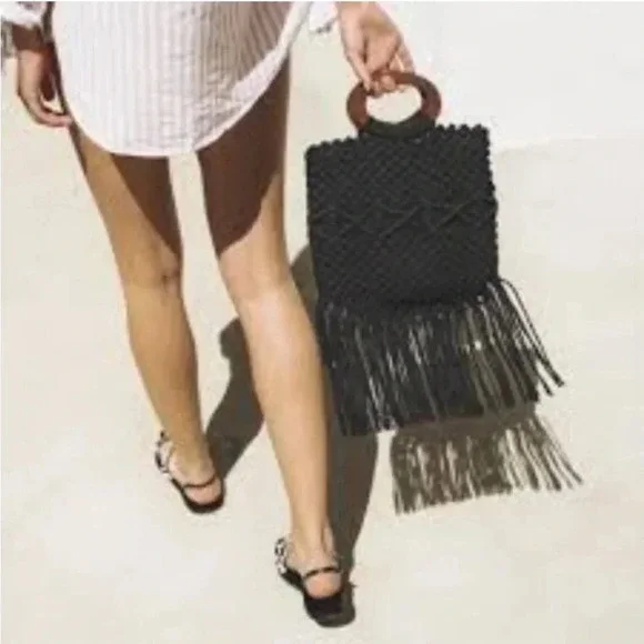 Danielle Nicole Black Macramé Boho‎ Crossbody/Handbag with Fringe.