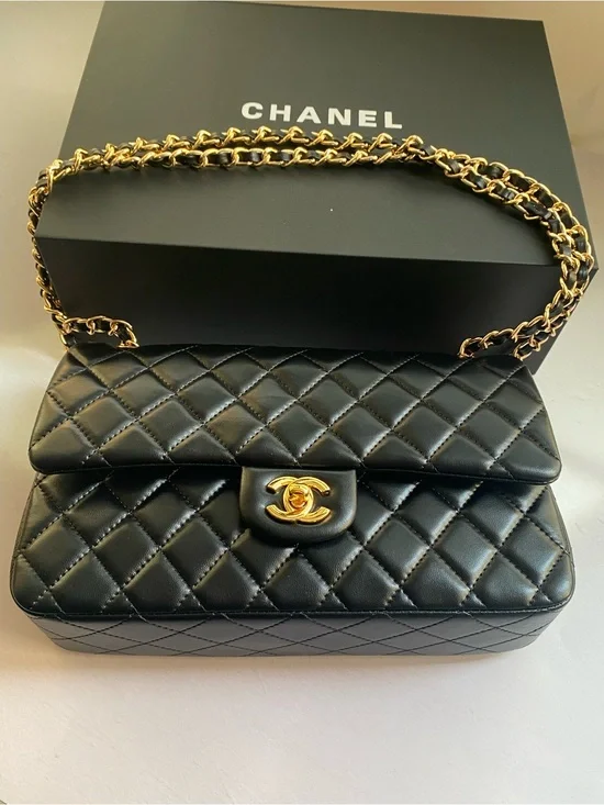 Chanel Quilted Lambskin Classic Flap Crossbody Bag in Black with Gold Hardware