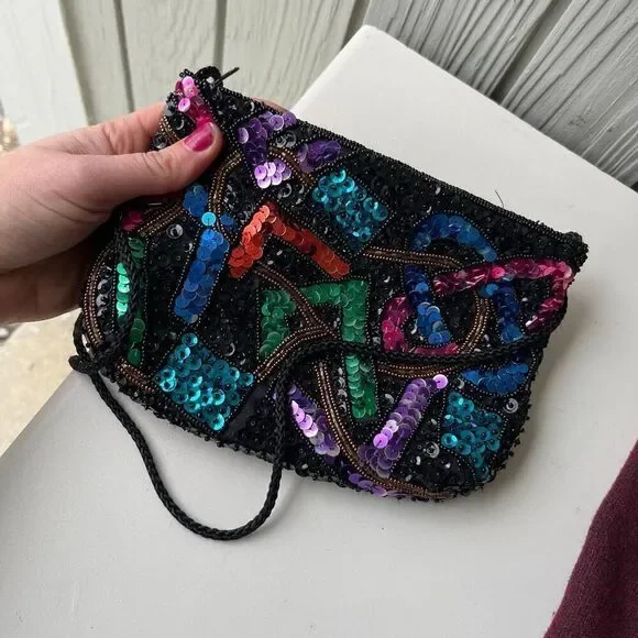 VTG 80s Beaded Sequin Crossbody Bag Black Multicolor Party Purse