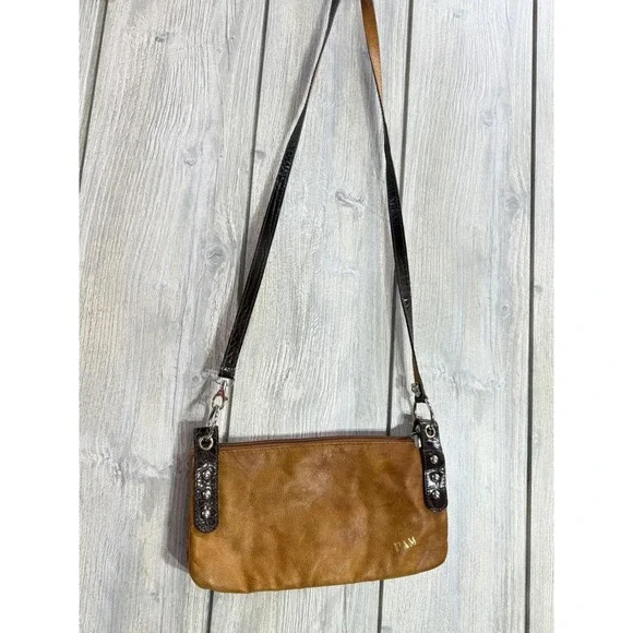 Lavorazione Artigianale Italy Tan Leather Foldover Crossbody Bag Croc Trim PAM