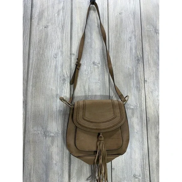 Franco Sarto Taupe Tan Crossbody Bag Braided Whipstitch Tassel Saddle Bag Mens