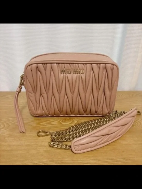 Miu Miu Quilted Pink Leather Crossbody Camera Bag with Gold Chain