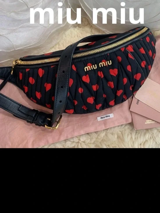 Miu Miu Black Quilted Crossbody with Red Heart Print and Gold Hardware
