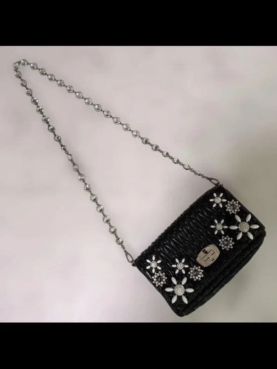 Miu Miu Black Woven Floral Crystal Chain Crossbody