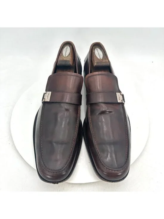 Salvatore Ferragamo Men Size 12 Brown Leather Buckle Pull On Loafer Shoes